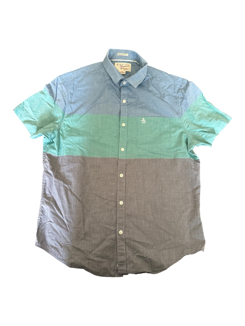 Original Penguin Short Sleeve Colorblock Button-Up Shirt - Blue/Teal/Gray